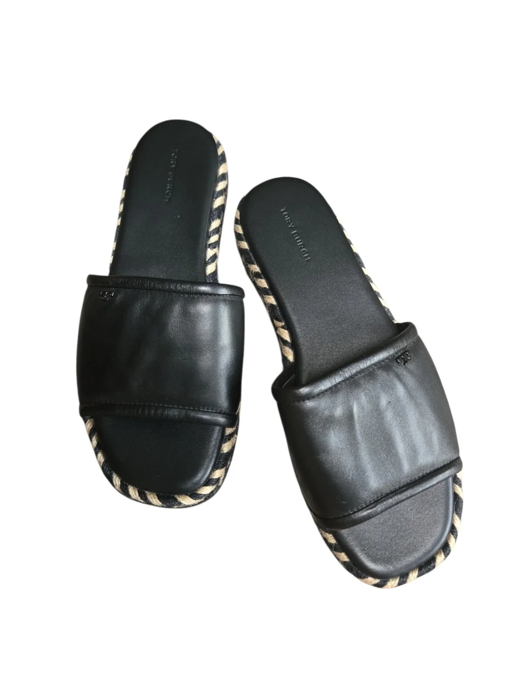 Tory Burch Black Leather Slide Sandal with Braided Espadrille Trim Sz 9